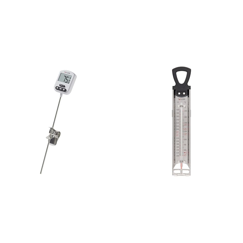 Taylor Programmable Digital Candy and Deep Fry Thermometer with Green Light Alert Display & Stainless Steel Candy Deep Fry Food Cooking Kitchen Analog Thermometer, 12 Inches