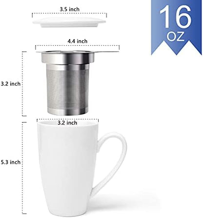 amhomel Porcelain Tea Mug with Infuser and Lid, 16 Ounce Ceramic Tea Cup for Loose Leaf, Coffee, Cocoa and Milk, Tea Gift for Tea Lovers, Set of 2(White)