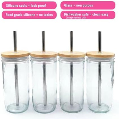 Elk and Friends Glass Mason Jars 24oz with Bamboo Straw Lids + Stainless Steel Straws | Smoothie + Iced Coffee + Bubble Tea Cups | Glass Cups with Lids and Straws