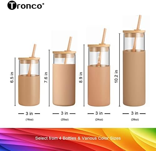 Tronco 20oz Glass Tumbler Glass Water Bottle Straw Silicone Protective Sleeve Bamboo Lid - BPA Free (Mixed color/8 Pack)
