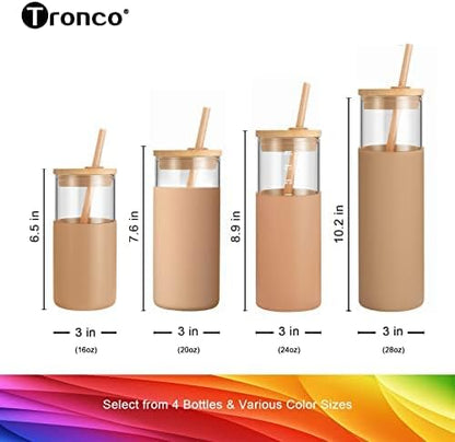 Tronco 20oz Glass Tumbler Glass Water Bottle Straw Silicone Protective Sleeve Bamboo Lid - BPA Free (Mixed color/8 Pack)