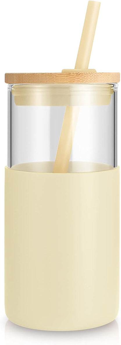 Tronco 16 oz Glass Tumbler with Straw and Bamboo Lid, Iced Coffee Cup Reusable, Smoothie Cups, Tumbler with Silicone Protective Sleeve - BPA Free