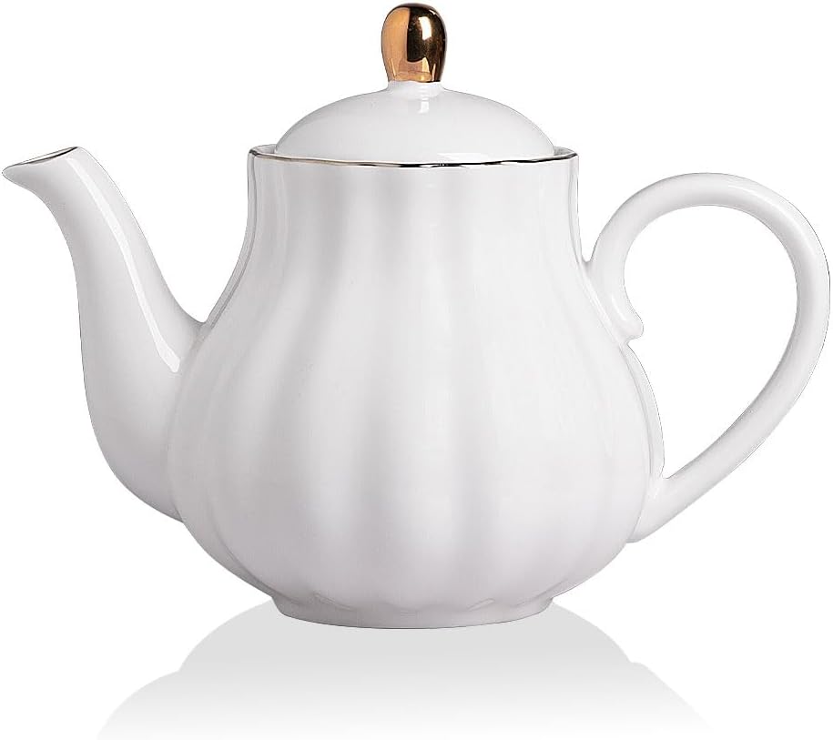 Sweejar Royal Teapot, Ceramic Tea Pot with Removable Stainless Steel Infuser, Blooming & Loose Leaf Teapot - 40 Ounce (White)