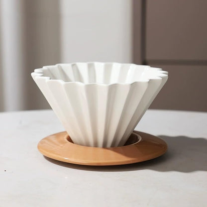 Ceramic Coffee Dripper Pour Over Coffee Maker with Wood Stand Elegant Flower Shape V60 Filter (blue)