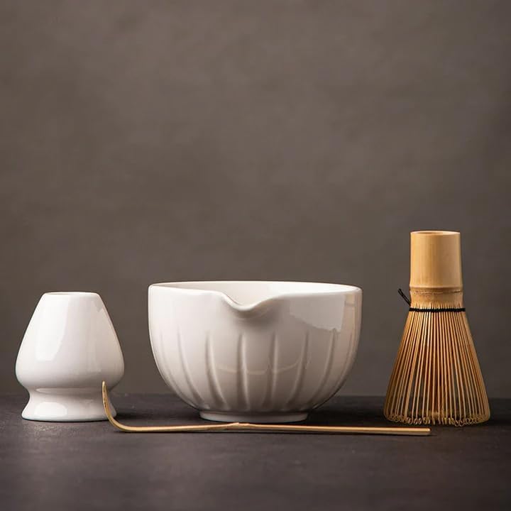 TANG PIN Matcha Set - Match Bowl and Whisk,15 OZ, Matcha Scoop | Matcha Whisk Stand (Chasen Holder) - 4pc Perfect Matcha Kit for Matcha Tea Ceremony (White)