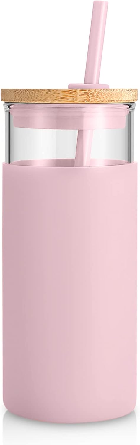 Tronco 20 oz Glass Tumbler with Lid & Straw - Iced Coffee Cup & Smoothie Cup With Silicone Sleeve | BPA-Free, Dishwasher Safe | Reusable Glass Cups with Bamboo Lids and Straws (Pink, 1 Count)