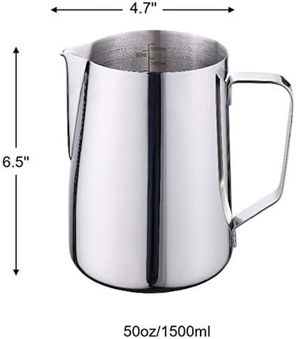 50oz Milk Frothing Pitcher - Stainless Steel Cup With Double Measurement Scales for Latte Art, Espresso and Cappuccino Maker - 18/8 Stainless Steel Steaming Pitcher