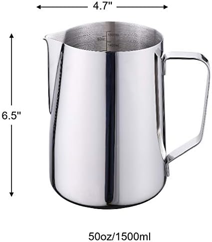 50oz Milk Frothing Pitcher - Stainless Steel Cup With Double Measurement Scales for Latte Art, Espresso and Cappuccino Maker - 18/8 Stainless Steel Steaming Pitcher