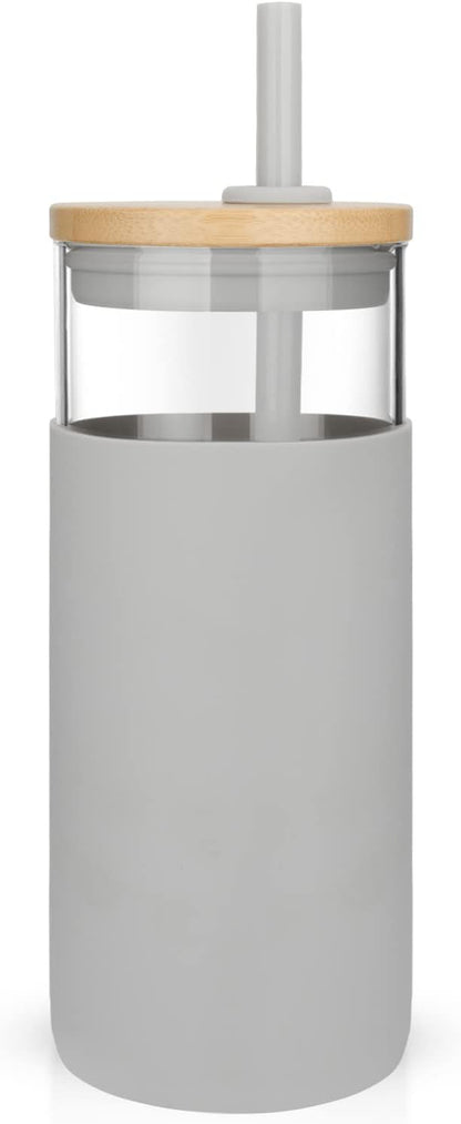 Tronco 20oz Glass Tumbler Glass Water Bottle Straw Silicone Protective Sleeve Bamboo Lid - BPA Free (French Grey/ 1 Pack)