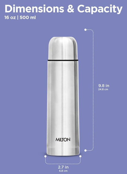 Milton Thermosteel Flip Lid 500, Double Walled Vacuum Insulated Thermos 500 ml | 16 oz | 24 Hours Hot and Cold Water Bottle with Cover, Stainless Steel, BPA Free, Leak Proof | Silver