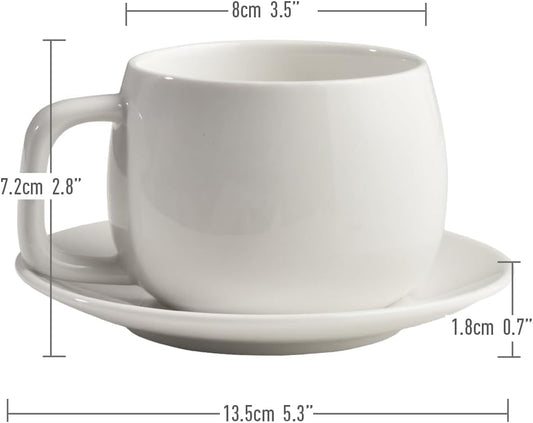 Porcelain Coffee Cup with Saucer 270ml/9oz, Minimalist Design, Perfect for Latte, Cappuccino, and Tea, White