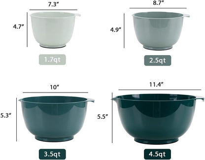 BoxedHome Green Ombre Nesting Plastic Mixing Bowl Set With Pour Spout, Microwave and Dishwasher Safe, BPA free Non-Slip Base, Set of 4 Size 1.7, 2.5, 3.5 and 4.5qt, Great for Prepping, Baking, Cooking