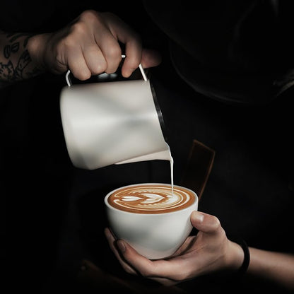 MHW-3BOMBER Milk Frothing Pitcher - 20oz/600ml Milk Frother Cup with U-Shaped Spout - SUS 304 Steaming Pitcher - Cappuccino Latte Art Cup for Barista - Quadrilateral Body - Cream White P5181-OS