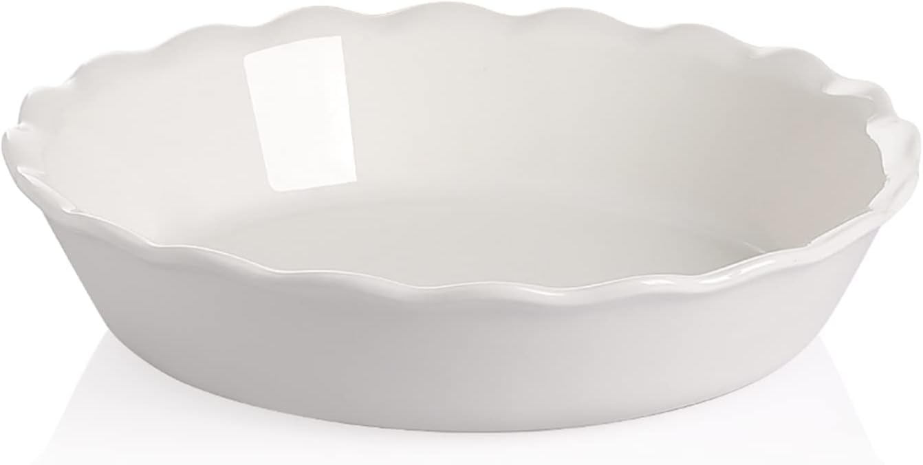 Sweejar Ceramic Pie Pan - 10 Inch Round Baking Dish for Dinner, Non-Stick with Soft Wave Edge for Apple, Pumpkin and Pot Pies (White)