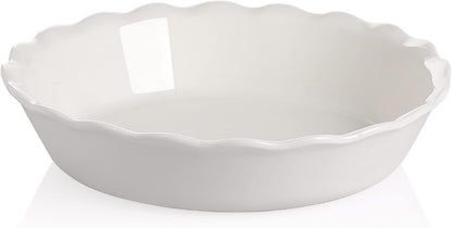 Sweejar Ceramic Pie Pan - 10 Inch Round Baking Dish for Dinner, Non-Stick with Soft Wave Edge for Apple, Pumpkin and Pot Pies (White)