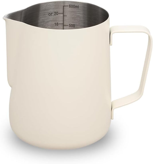 watchget Milk Frothing Pitcher 20oz/600ml - Stainless Steel Espresso Steaming Pitcher for Cappuccino & Latte Art, Creamy White