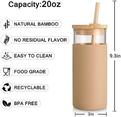 Tronco 20 oz Glass Tumbler with Straw and Lid- Glass Cup with Lid and Straw, Iced Coffee Cup Reusable, Smoothie Cups, Bamboo Lid and Protective Silicone Sleeve - BPA-Free