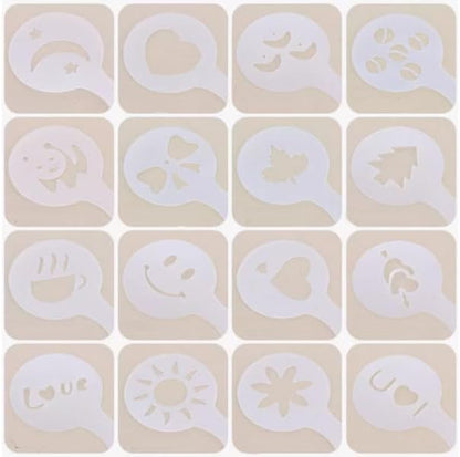 16Pcs Plastic Coffee Stencils Various Patterns Art DIY Mold Tools for Cappuccino Chocolate Latte Barista Template