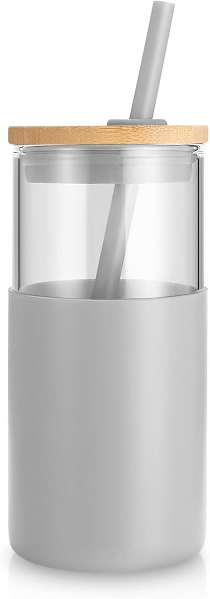 Tronco 16 oz Glass Tumbler with Straw and Bamboo Lid, Iced Coffee Cup Reusable, Smoothie Cups, Tumbler with Silicone Protective Sleeve - BPA Free