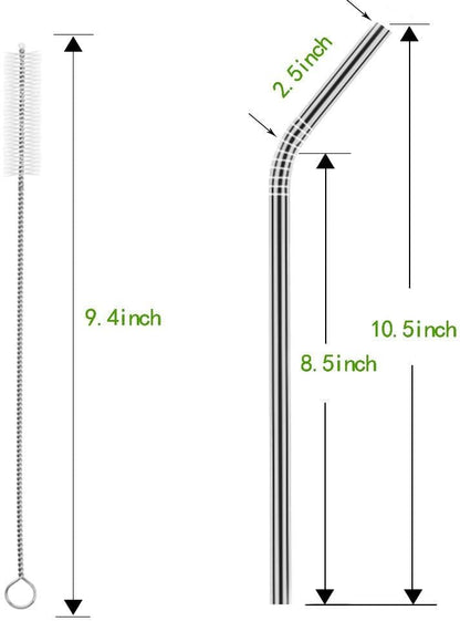 Set of 10 Stainless Steel Straws, HuaQi Bent Reusable Drinking Straws 10.5'' Long 0.24‘’ Dia for 30 oz Tumbler and 20 oz Tumbler, 2 Cleaning Brush Included (10 Bent Staw + 2 Brushes）