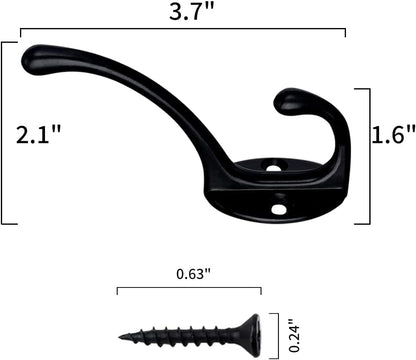 IBosins 30 Pack Heavy Duty Dual Coat Hooks Wall Mounted with 60 Screws Retro Double Hooks Utility Black Hooks for Coat, Scarf, Bag, Towel, Key, Cap, Cup, Hat