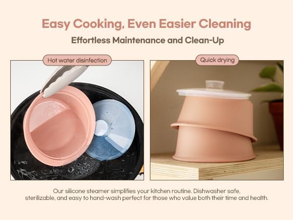 Microwave Silicone Steamer for Baby Food, Made In Korea, Oven & Dishwasher Safe to 482°F, Easy Clean, Microwave Pot with Handle & Lid, 100% Food Grade Steamer Bowl (Terracotta Rose, 19oz (550ml))