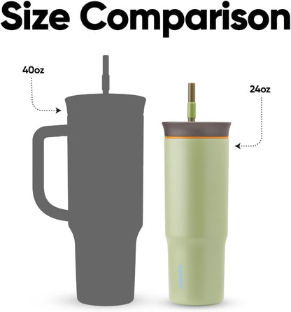 Owala Stainless Steel Triple Layer Insulated Travel Tumbler with Spill Resistant Lid and Straw, BPA Free, 24 oz, Brown/Green (Brave Adventures)