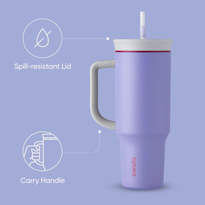 Owala Stainless Steel Triple Layer Insulated Travel Tumbler with Spill Resistant Lid, Straw, and Carry Handle, BPA Free, 40 oz, Light Purple (Whimsical Daydream)