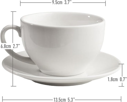 Porcelain Coffee Cup with Saucer 220ml/7.3oz for Cappuccino, Latte, and Tea, Elegant White