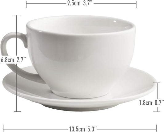 Porcelain Coffee Cup with Saucer 220ml/7.3oz for Cappuccino, Latte, and Tea, Elegant White