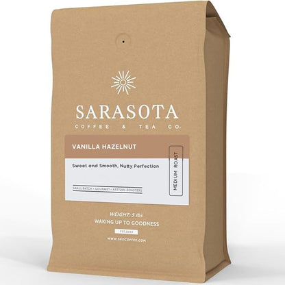 Sarasota Coffee Ground Vanilla Hazelnut | Medium Roast Gourmet Flavored Coffee Grounds | Low Acid, Mold Free, Specialty Grade Flavored Bulk Ground Coffee | 5lb (80 oz)