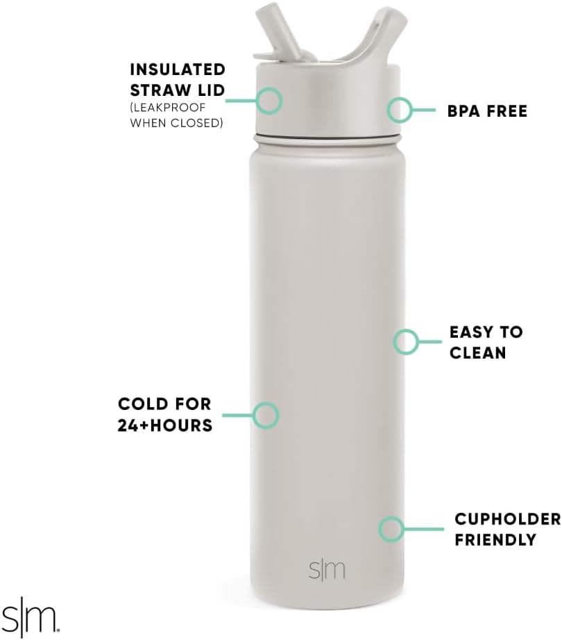 Simple Modern Water Bottle with Straw Lid Vacuum Insulated Stainless Steel Metal Cup Bottles | Reusable Leak Proof BPA-Free Flask for Gym, Travel, Sports | Summit Collection | 22oz, Almond Birch