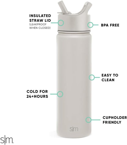 Simple Modern Water Bottle with Straw Lid Vacuum Insulated Stainless Steel Metal Cup Bottles | Reusable Leak Proof BPA-Free Flask for Gym, Travel, Sports | Summit Collection | 22oz, Almond Birch