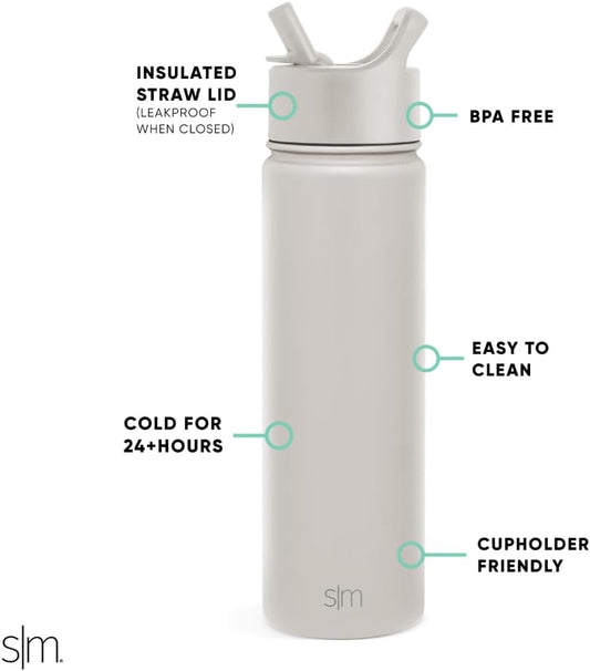 Simple Modern Water Bottle with Straw Lid Vacuum Insulated Stainless Steel Metal Cup Bottles | Reusable Leak Proof BPA-Free Flask for Gym, Travel, Sports | Summit Collection | 22oz, Almond Birch