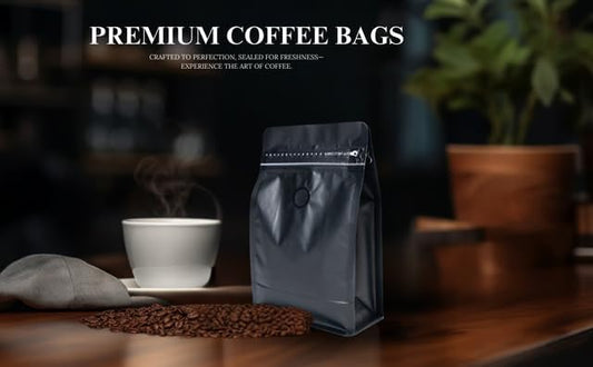 Premium Coffee Bags with Valve (100 pcs, 12 oz) Standing Coffee Beans Storage Bags, Reusable Heat Sealable Side Zipper Pouches, Eco-Friendly Packaging, Perfect for Home and Office - White