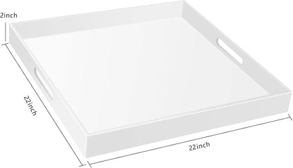 22×22 Inches Oversize Extra Large Sturdy Glossy White Acrylic Serving Tray King Size Decorative Big Ottoman Trays with Cut Out Handles Water Proof Bed Tray Coffee Counter Top Organizer