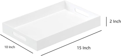 Glossy White Sturdy Acrylic Serving Tray with Handles-10x15Inch-Serving Coffee,Appetizer,Breakfast,Butler-Kitchen Countertop Tray-Makeup Drawer Organizer-Vanity Table,Ottoman Tray-Decorative
