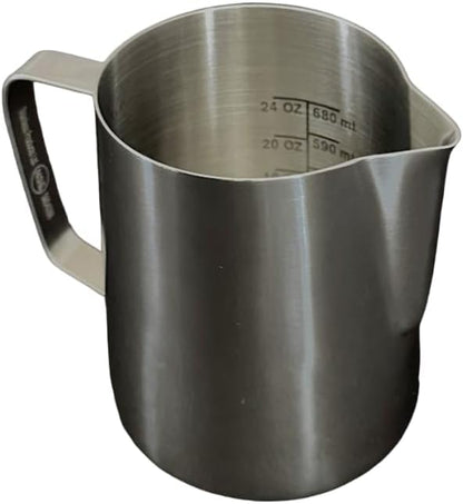 Rattleware 32 oz Latte Art Pitcher – Stainless Steel Frothing Pitcher with Etched Graduation, Tapered Spout, Ergonomic Handle, Professional Steaming Pitcher for Baristas, Cafe and Home Use
