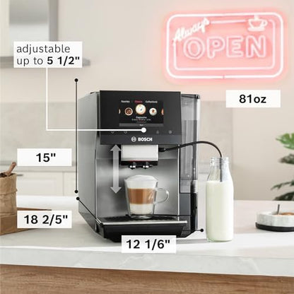 Bosch 800 Series Fully Automatic Espresso and Coffee Machine – 36 Drinks with Coffee World, Cold Brew, Double Cup, Milk Hose, Glass Milk Container, in Metallic Silver TPU60501