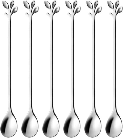 AnSaw 6-Piece Elegant Silver Leaf Long Handle Teaspoons - 7.4" Stainless Steel Stir Spoons for Coffee & Tea, Perfect for Mixing & Stirring