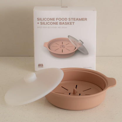Microwave Silicone Steamer for Baby Food, Made In Korea, Oven & Dishwasher Safe to 482°F, Easy Clean, Microwave Pot with Handle & Lid, 100% Food Grade Steamer Bowl (Terracotta Rose, 29oz (850ml) with basket)