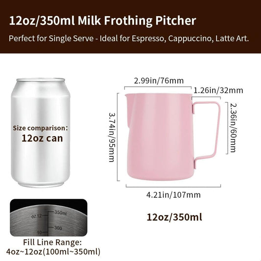 watchget Stainless Steel Milk Frothing Pitcher 12oz/350ml - Espresso Steaming Pitcher for Cappuccino, Latte Art, Coffee Machine Accessories Milk Jug Coffee Frother Cup, Pink