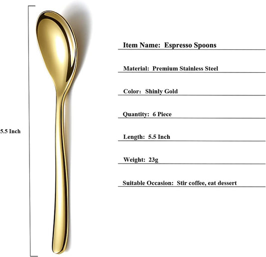 Gold Demitasse Espresso Spoons, 5.5'' Mini Coffee Spoons, Set of 6, Stainless Steel, Dishwasher Safe