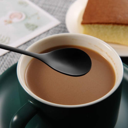 AnSaw 8-Pack Elegant Black Leaf 4.7" Espresso Spoons - Stainless Steel, Perfect for Coffee, Demitasse, Dessert & Tea, Mini Size for Small Servings