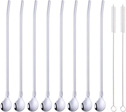Straws - 8 PCS Silver 8.5 Inch 18/8 Stainless Steel Reusable Metal Straws With 2 Cleaning Brushes