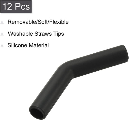 uxcell 12Pcs Silicone Straw Tips, Silicone Straw Elbows Tip, Soft Reusable Metal Straw Covers Fit for 10mm/0.39" OD Stainless Steel Straws, Black