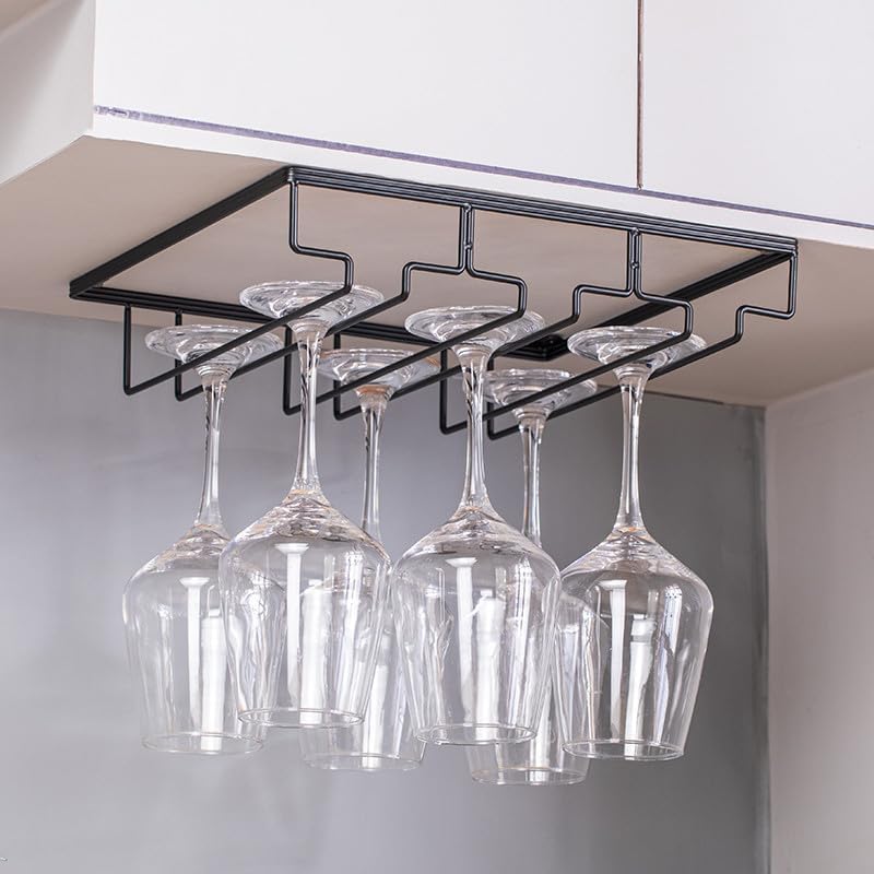 Wine Cup Holder Table Decoration Storage Hanger Metal Organizer for Bar Kitchen Stemware Rack Under Cabinet Stainless Steel Hanger Storage Shelf Black (Black, 3 Rows 1 Pack)