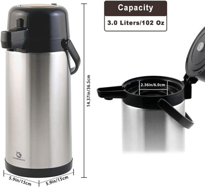 Airpot Coffee Carafe for Keeping Hot,102oz/3L Coffee Dispenser Thermal with Pump,Insulated Stainless Steel Hot Beverage Dispenser for Parties,Thermal Carafe for Hot Drinks Water Tea Chocolate