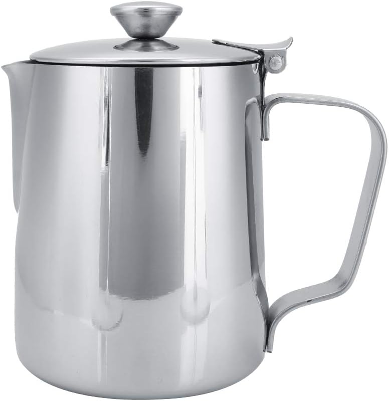 Stainless Steel Milk Frothing Pitcher, Stainless Steel Coffee Cup Mug Milk Frothing Pitcher Jug with Lid for Latte Coffee Art for Office Kitchen with handle(350ml)