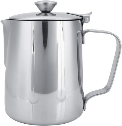 Stainless Steel Milk Frothing Pitcher, Stainless Steel Coffee Cup Mug Milk Frothing Pitcher Jug with Lid for Latte Coffee Art for Office Kitchen with handle(350ml)